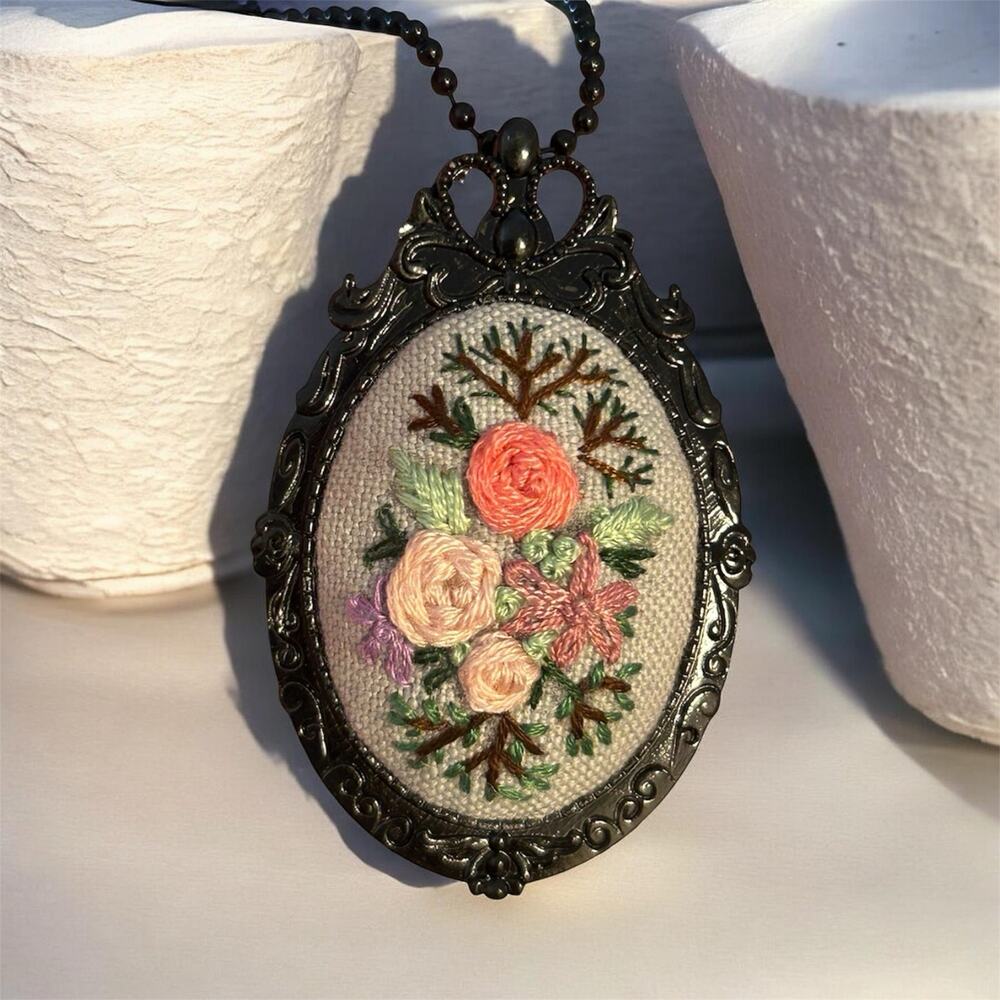 Pink Roses & Flowers Embroidery Necklace, Handmade Pendant / Broach